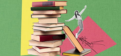 Photo artwork collage concept young student girl stand on book pile stack